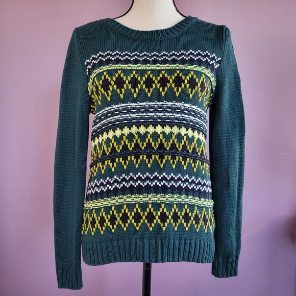 Talbots Petite Green Yellow Diamond Fair Isle Chunky Knit Crew Neck Sweater - Picture 1 of 15